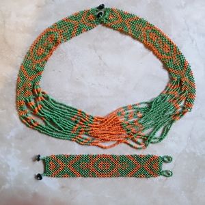 Vintage Handmade Orange Green Beaded Native Multi-Strand Necklace Bracelet Set